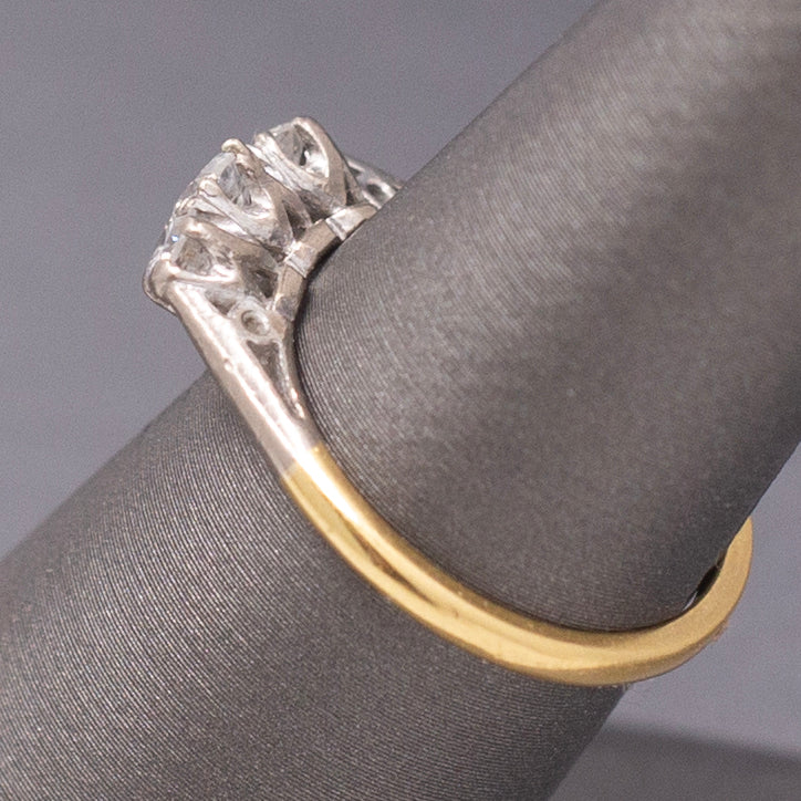 Antique Edwardian Old European Cut Diamond Three Stone Ring in Platinum and 18k Yellow Gold