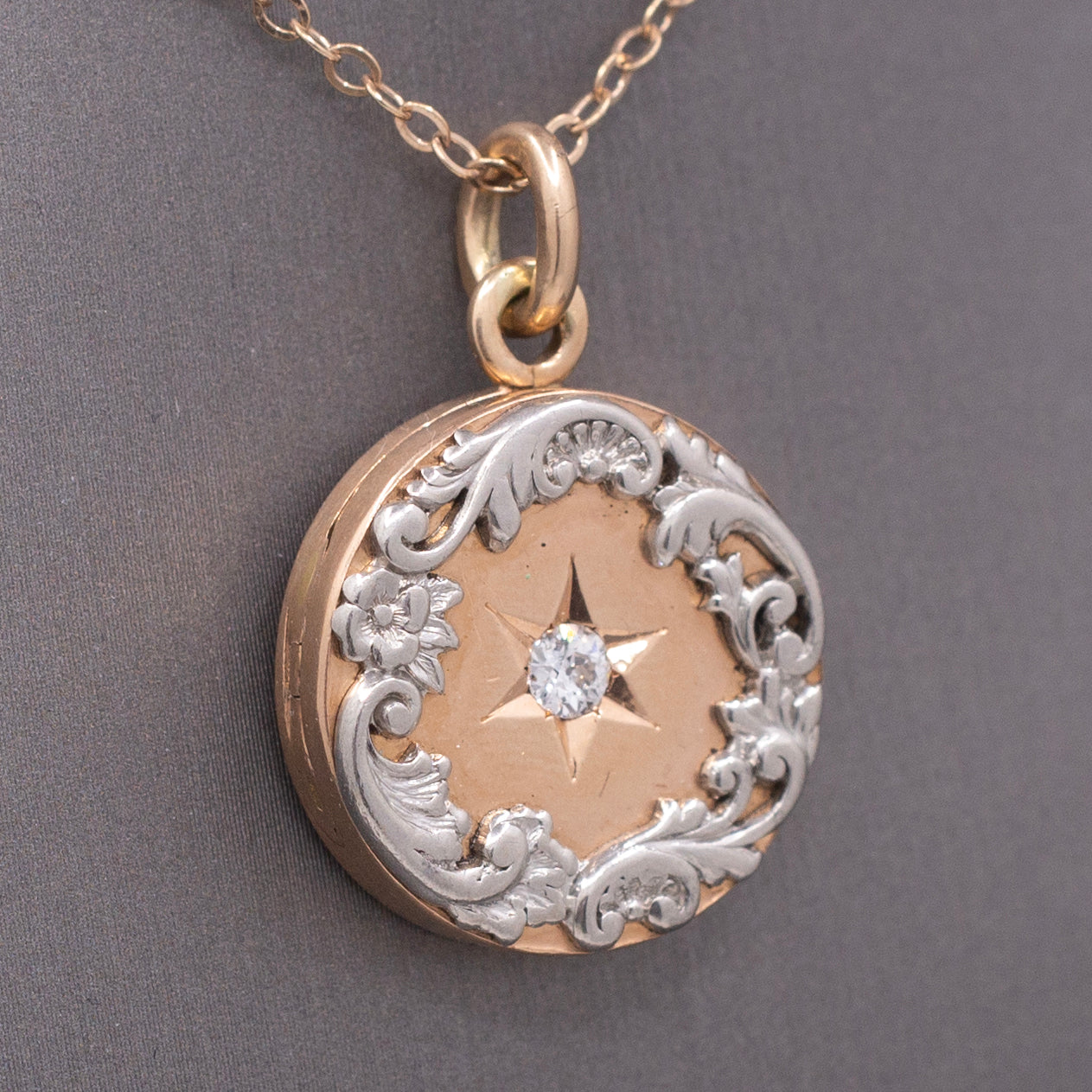 Stunning Victorian Old Mine Cut Diamond Locket in 14k Rose Gold and Platinum