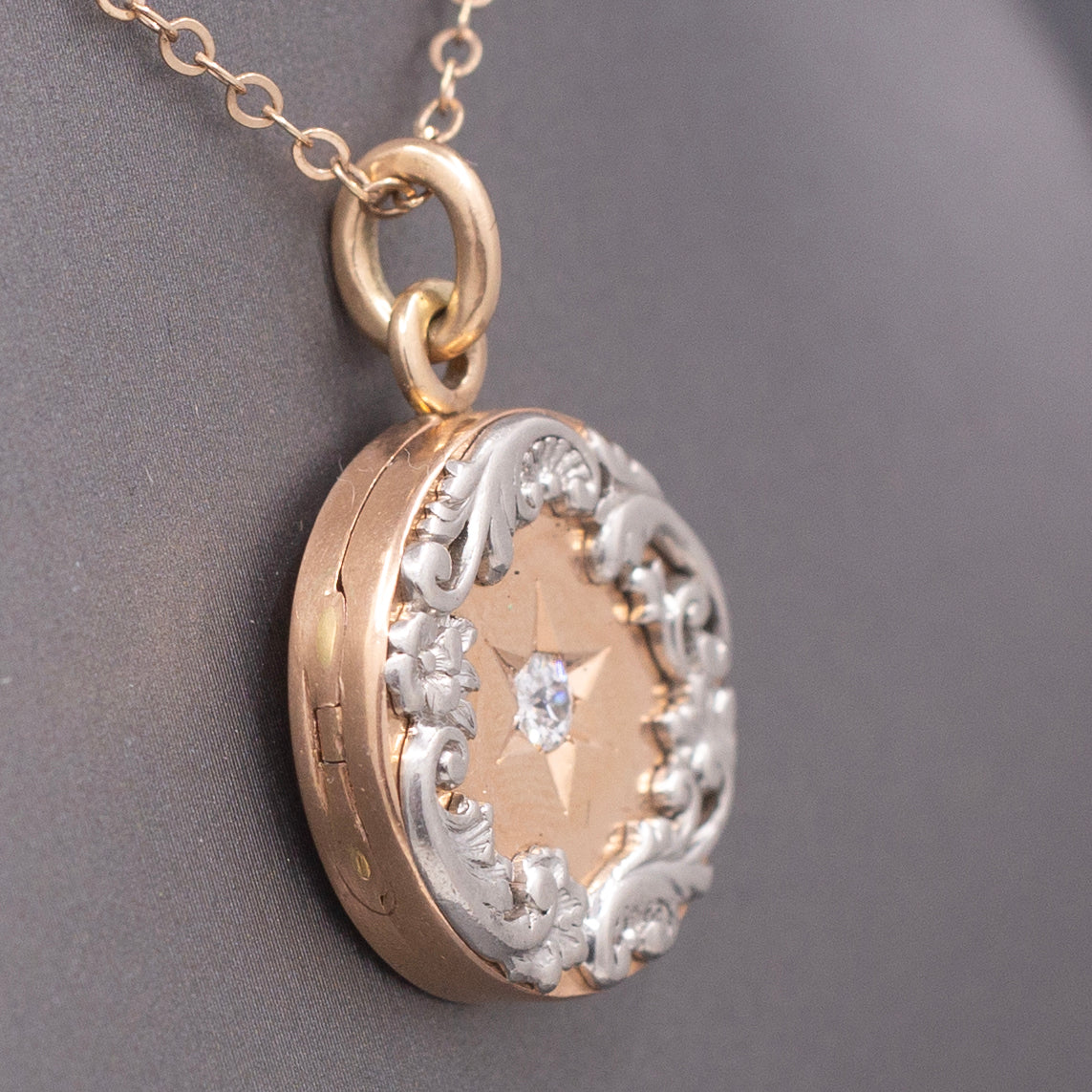Stunning Victorian Old Mine Cut Diamond Locket in 14k Rose Gold and Platinum
