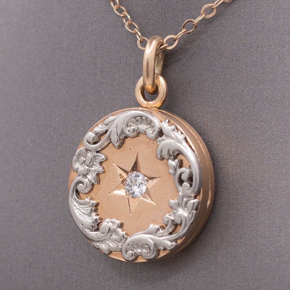 Stunning Victorian Old Mine Cut Diamond Locket in 14k Rose Gold and Platinum