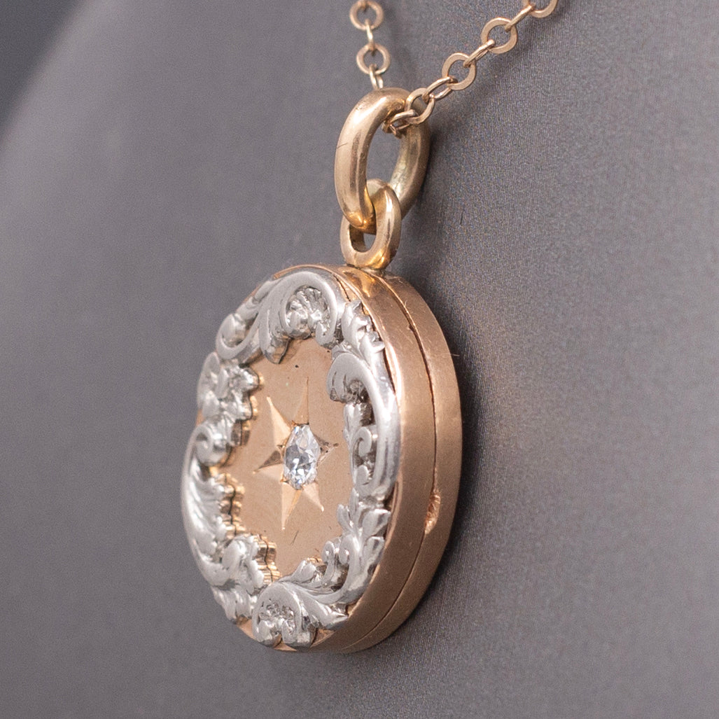 Stunning Victorian Old Mine Cut Diamond Locket in 14k Rose Gold and Platinum