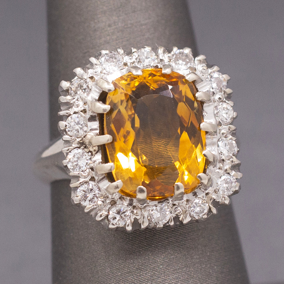 Vintage Cushion Cut Citrine and Diamond Halo Statement Ring in 14k White Gold