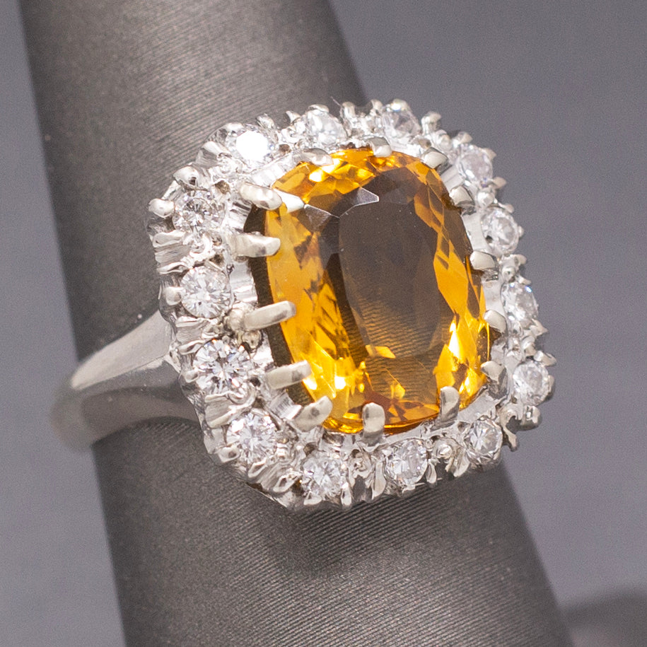 Vintage Cushion Cut Citrine and Diamond Halo Statement Ring in 14k White Gold