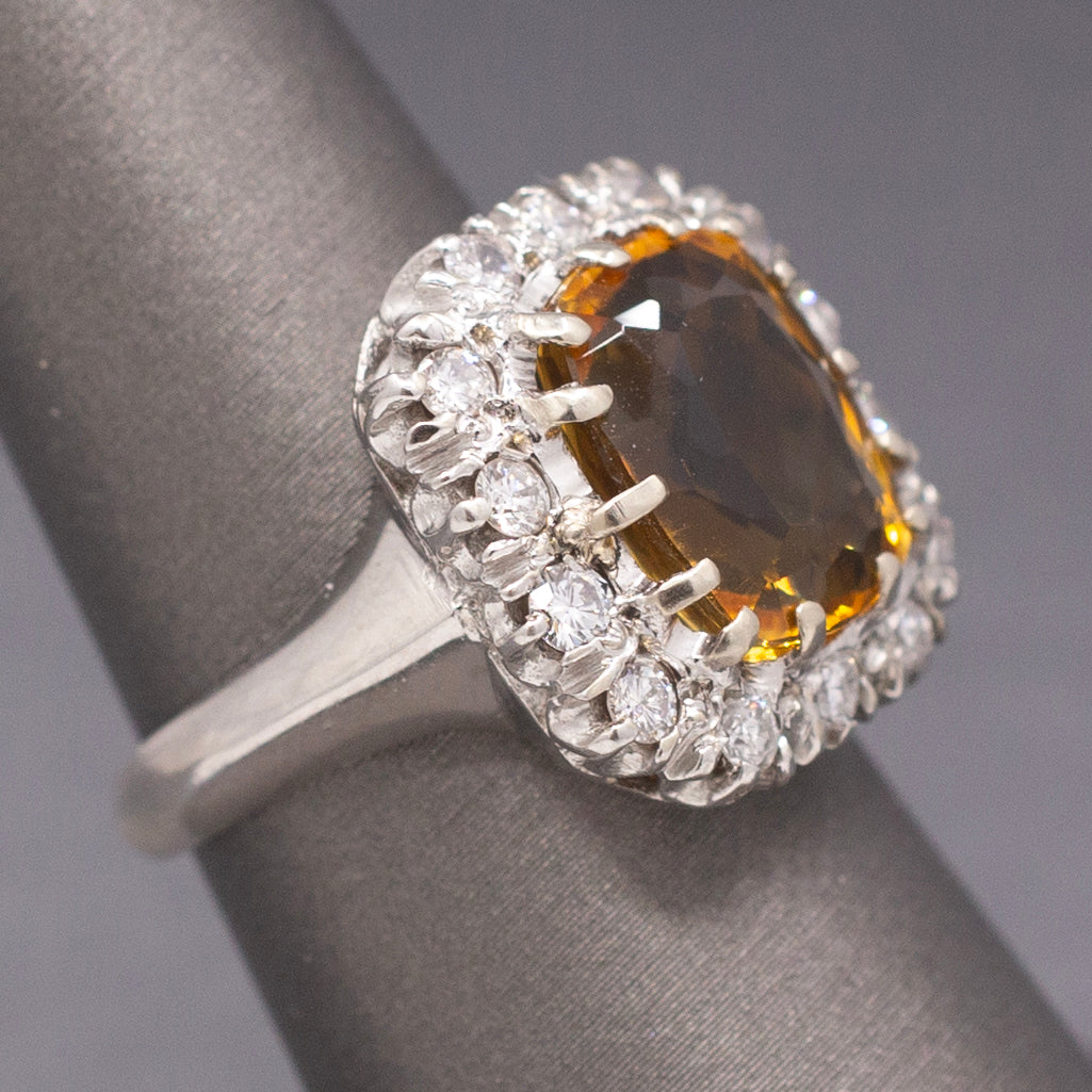 Vintage Cushion Cut Citrine and Diamond Halo Statement Ring in 14k White Gold