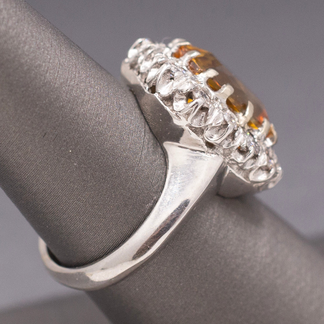 Vintage Cushion Cut Citrine and Diamond Halo Statement Ring in 14k White Gold