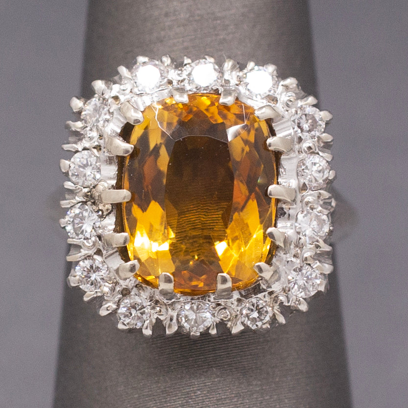 Vintage Cushion Cut Citrine and Diamond Halo Statement Ring in 14k White Gold