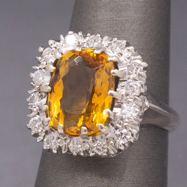 Vintage Cushion Cut Citrine and Diamond Halo Statement Ring in 14k White Gold