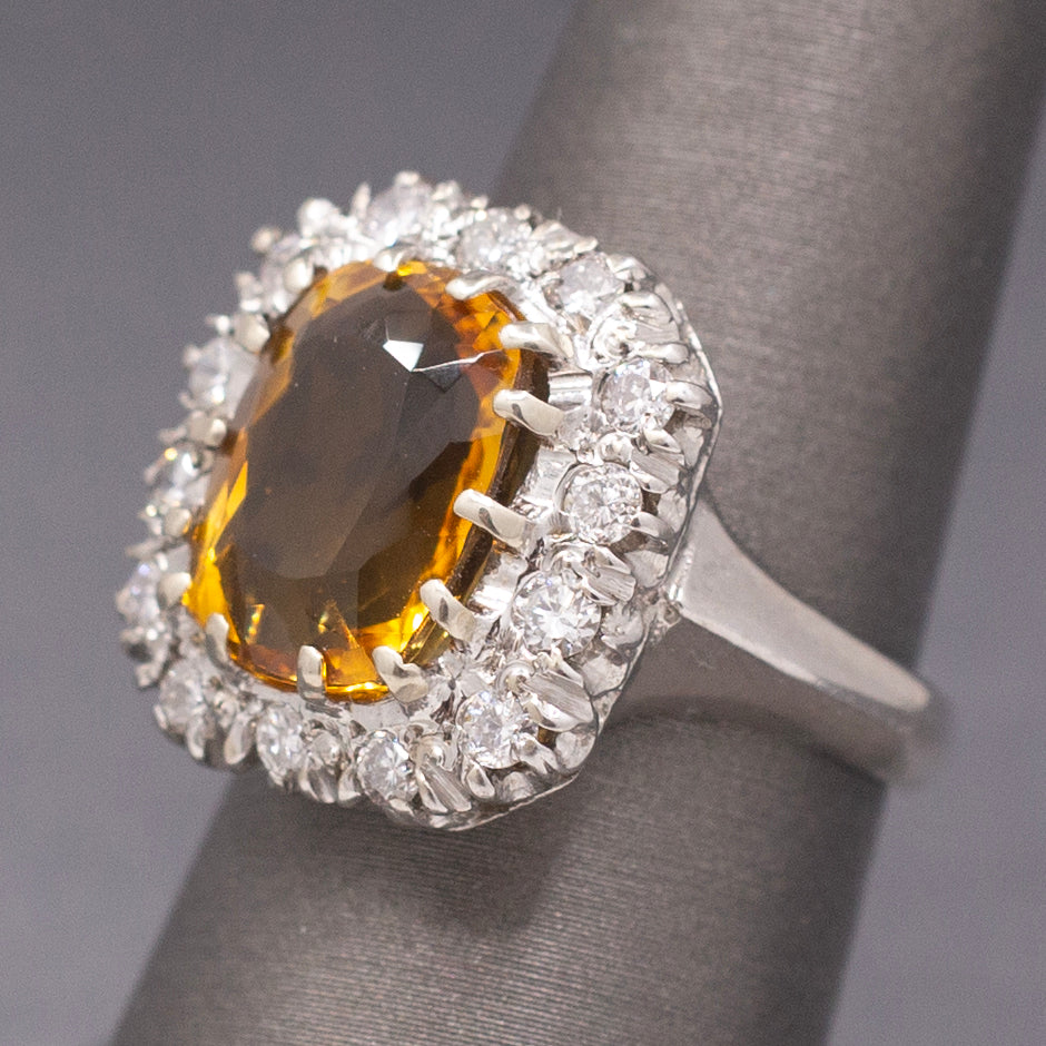 Vintage Cushion Cut Citrine and Diamond Halo Statement Ring in 14k White Gold