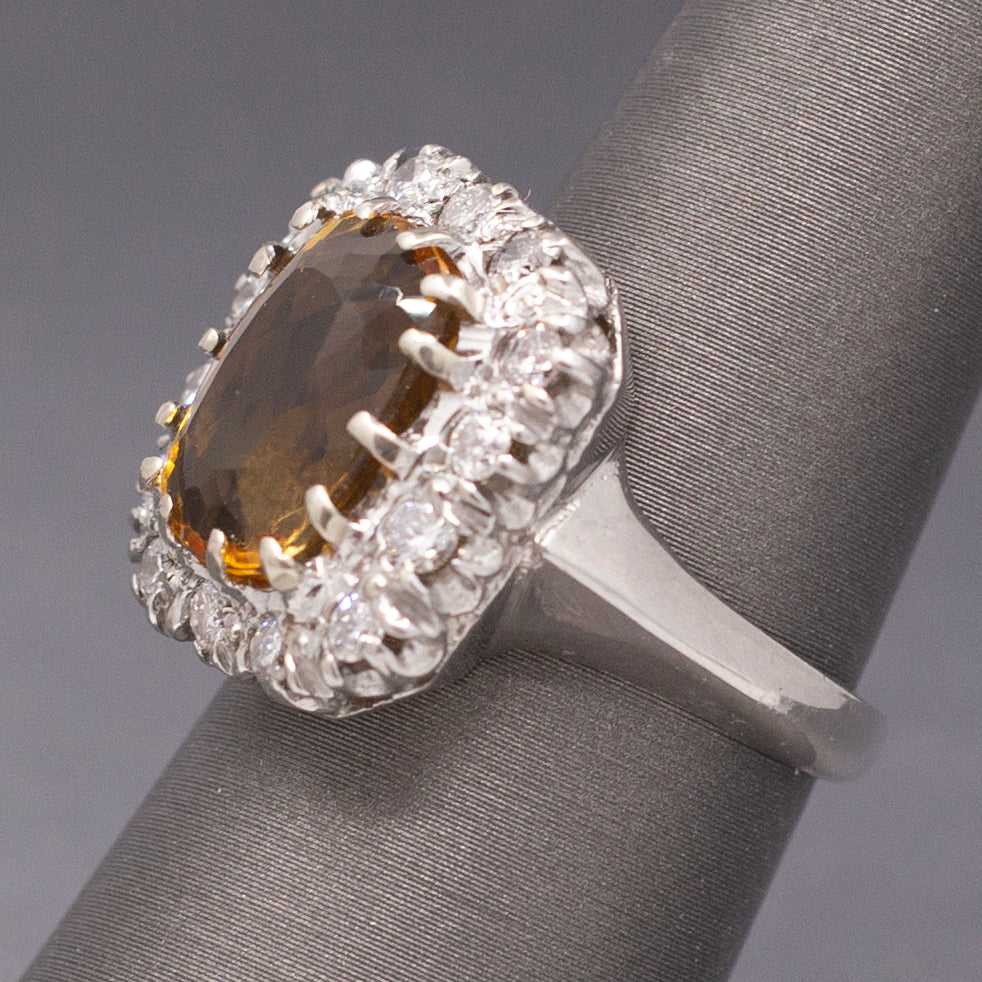 Vintage Cushion Cut Citrine and Diamond Halo Statement Ring in 14k White Gold