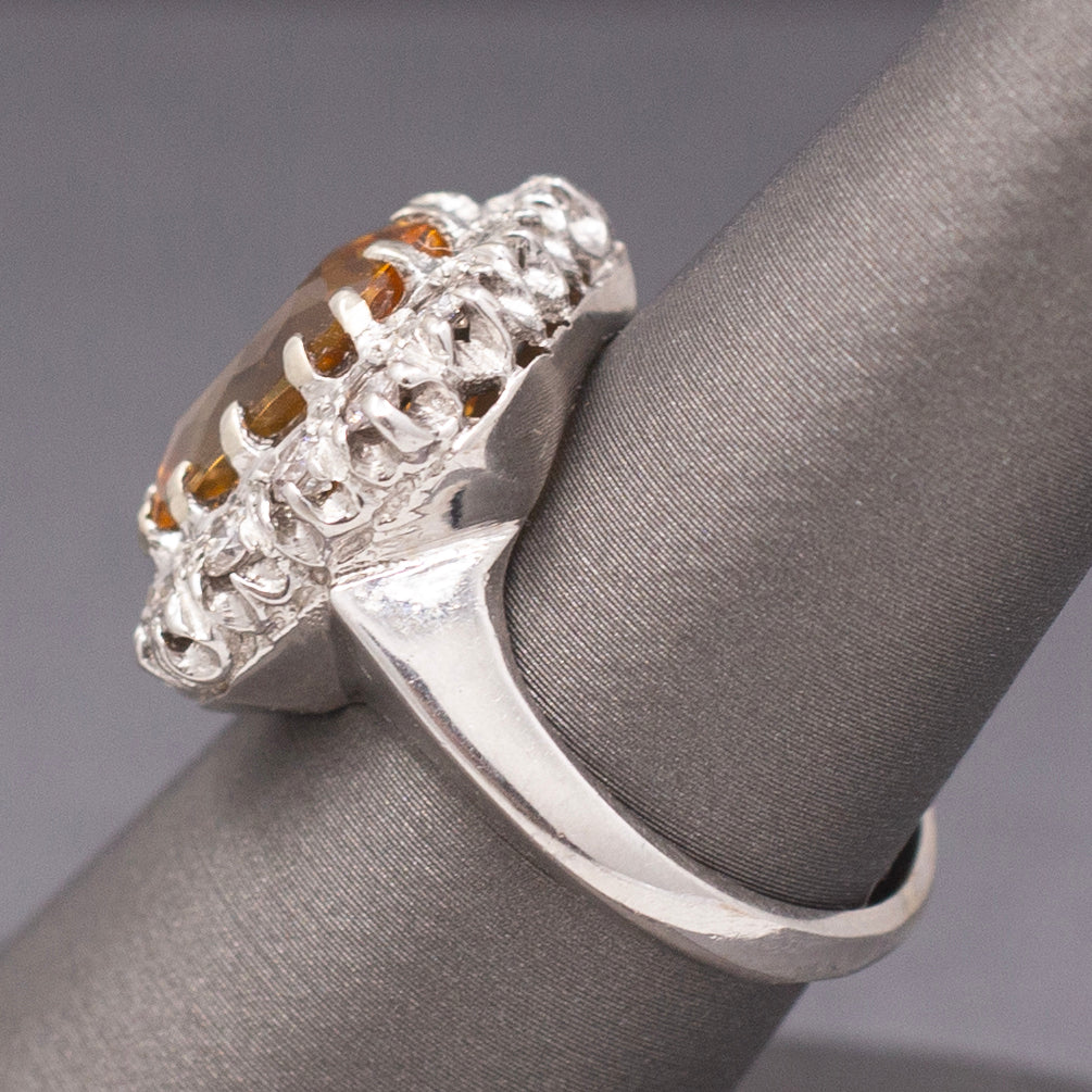 Vintage Cushion Cut Citrine and Diamond Halo Statement Ring in 14k White Gold