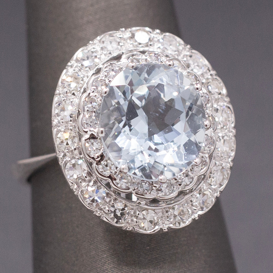 Vintage Sparkling Aquamarine and Double Diamond Halo Cocktail Ring in 18k White Gold