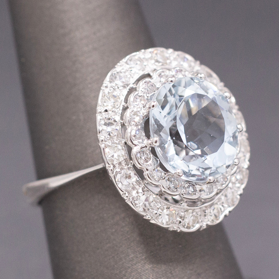 Vintage Sparkling Aquamarine and Double Diamond Halo Cocktail Ring in 18k White Gold