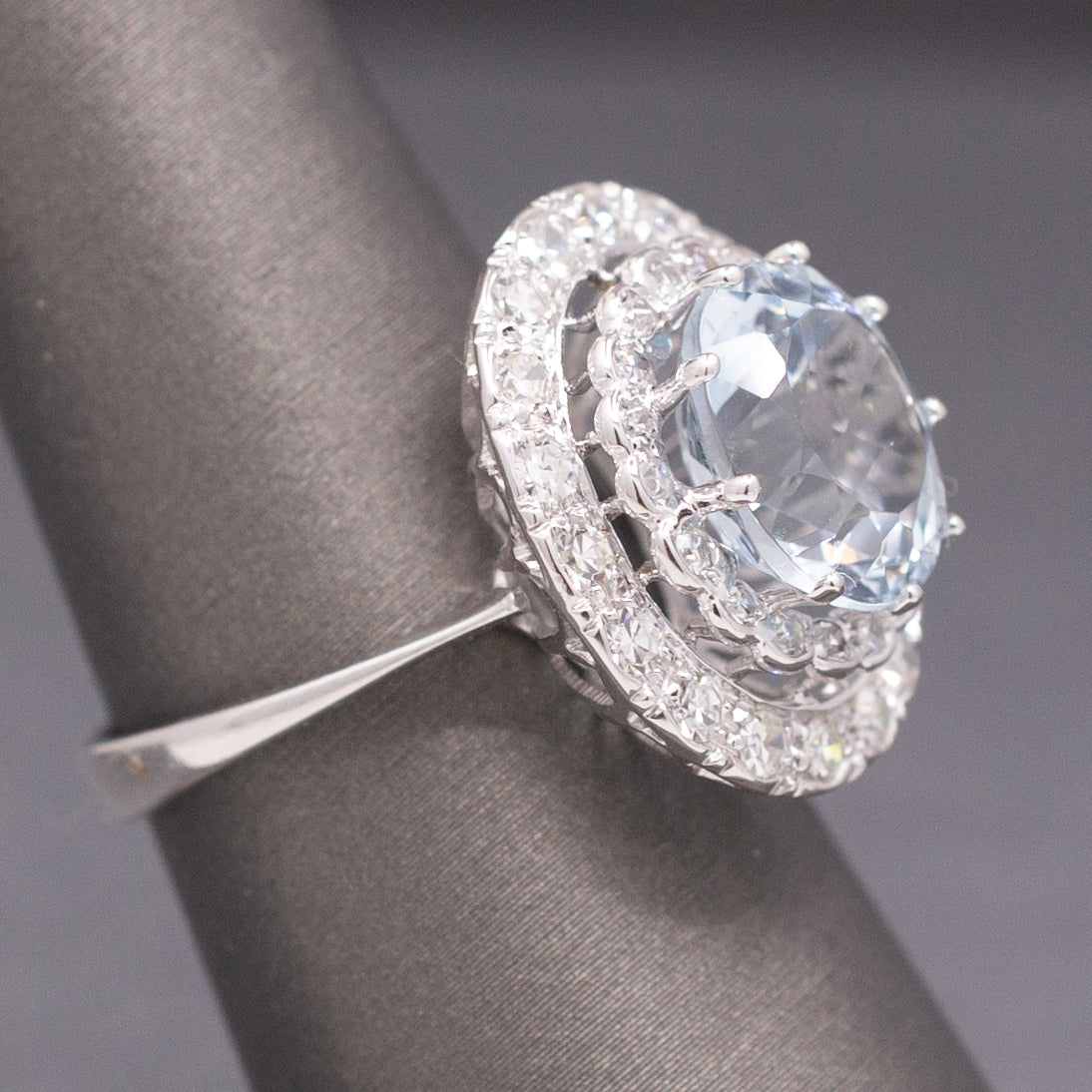 Vintage Sparkling Aquamarine and Double Diamond Halo Cocktail Ring in 18k White Gold
