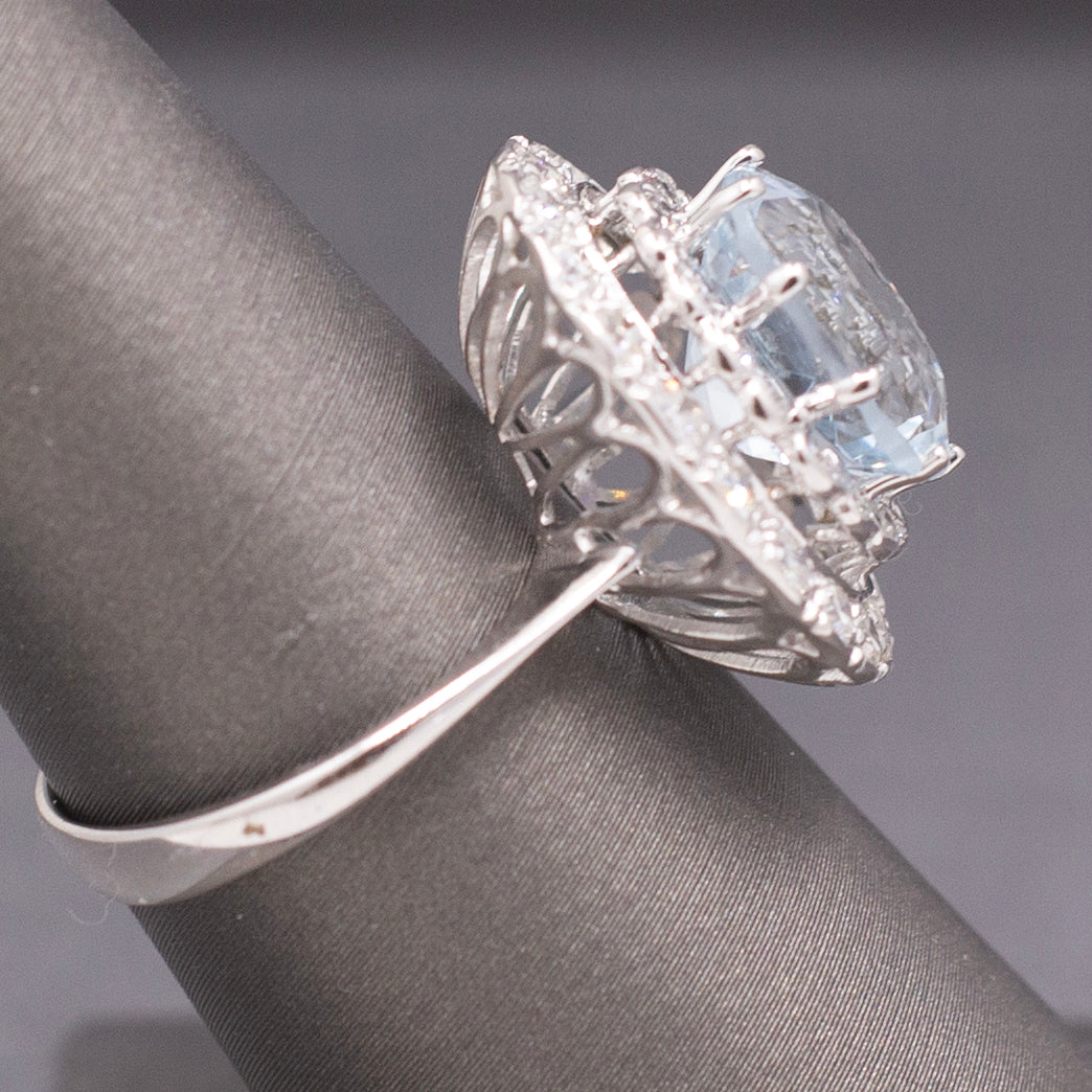 Vintage Sparkling Aquamarine and Double Diamond Halo Cocktail Ring in 18k White Gold