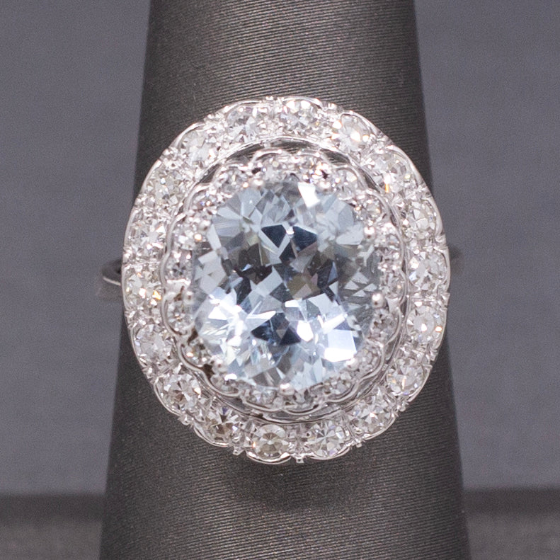 Vintage Sparkling Aquamarine and Double Diamond Halo Cocktail Ring in 18k White Gold