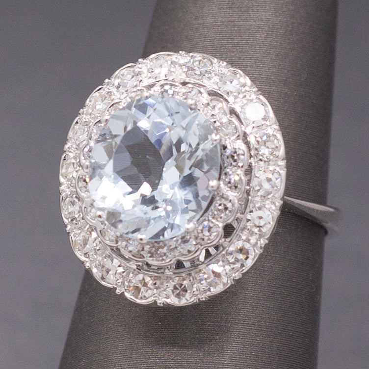 Vintage Sparkling Aquamarine and Double Diamond Halo Cocktail Ring in 18k White Gold