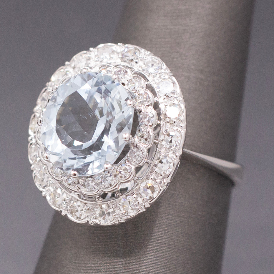 Vintage Sparkling Aquamarine and Double Diamond Halo Cocktail Ring in 18k White Gold