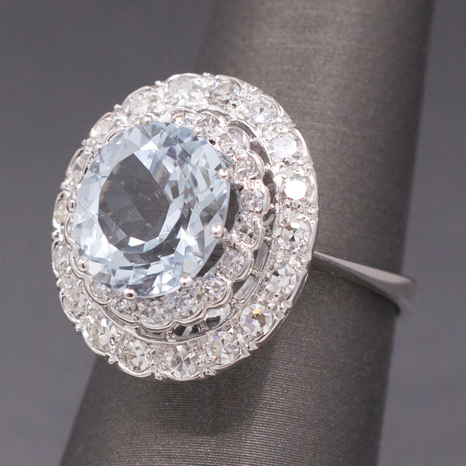Vintage Sparkling Aquamarine and Double Diamond Halo Cocktail Ring in 18k White Gold