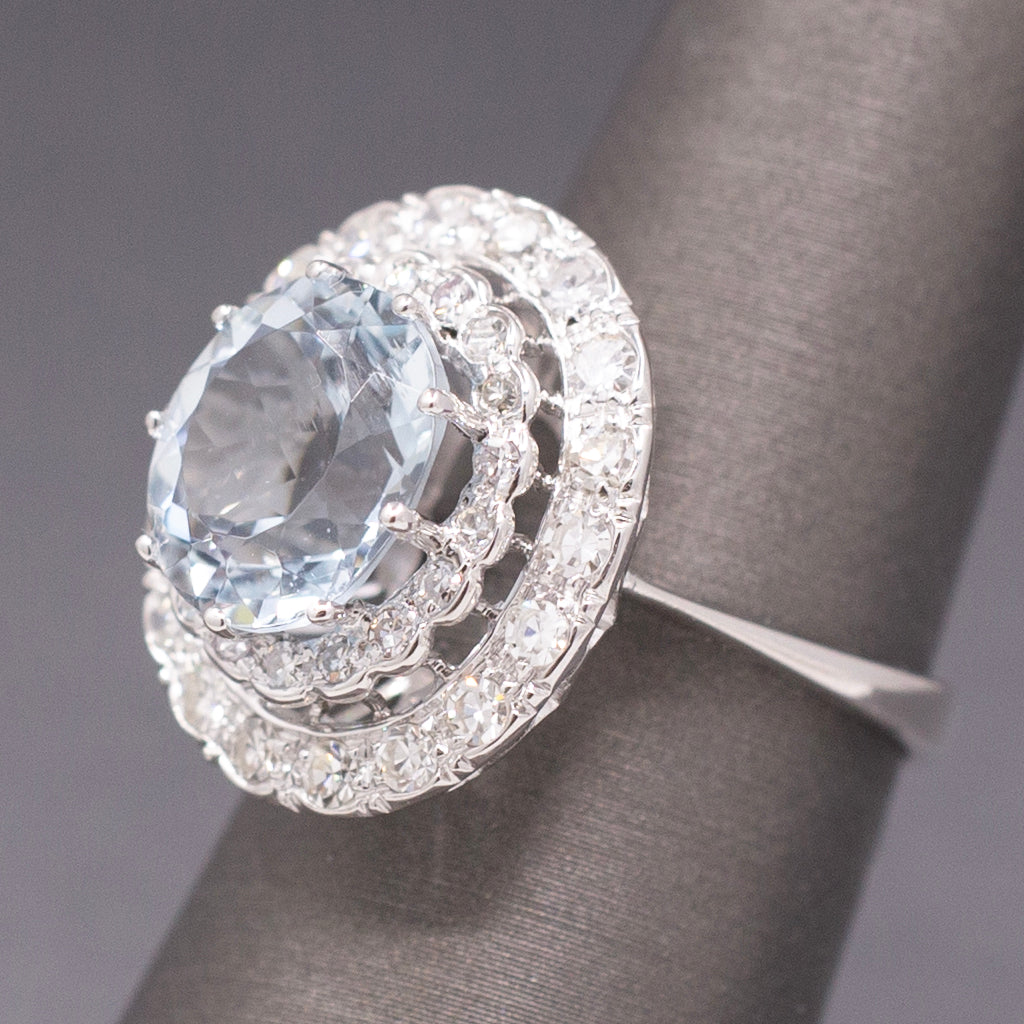 Vintage Sparkling Aquamarine and Double Diamond Halo Cocktail Ring in 18k White Gold