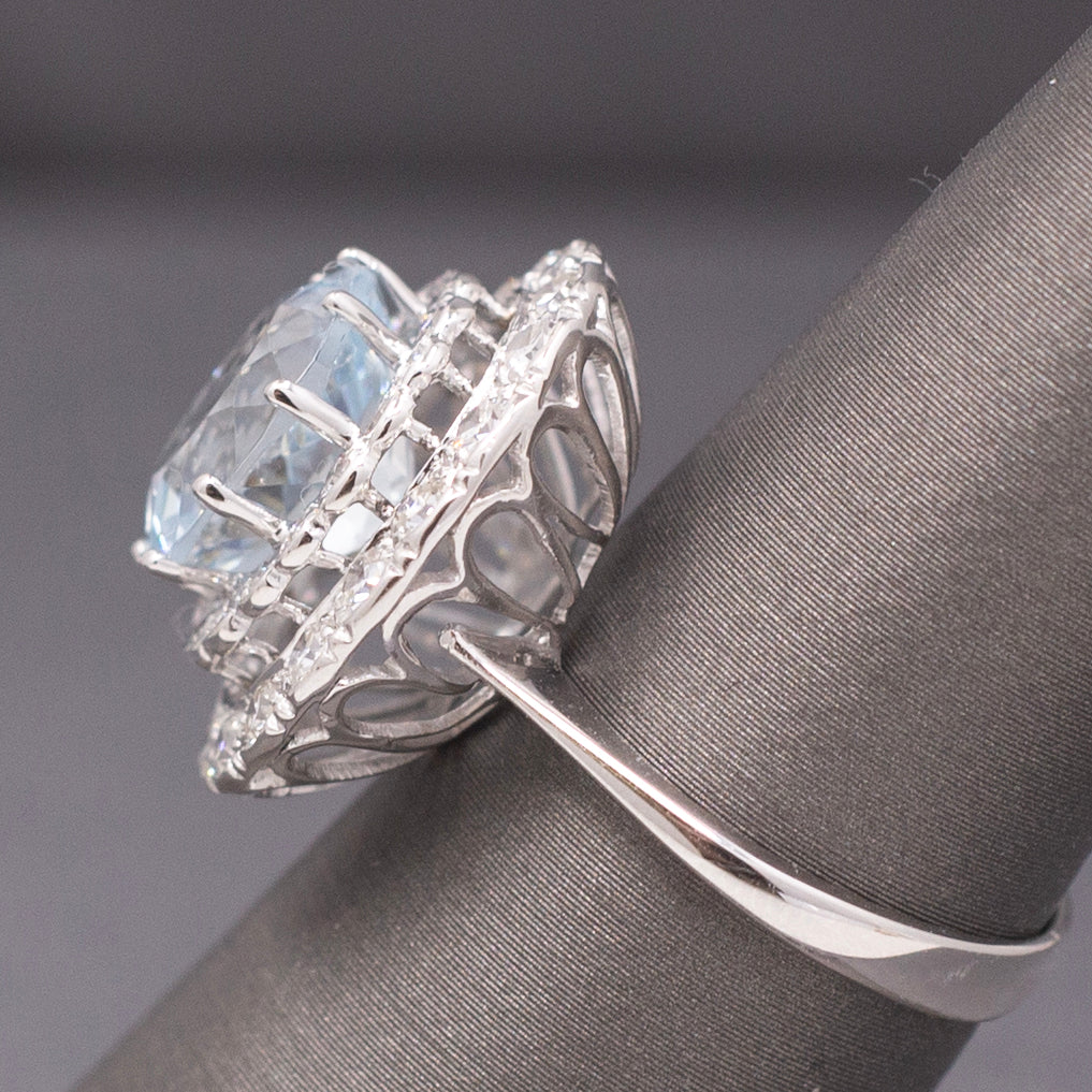 Vintage Sparkling Aquamarine and Double Diamond Halo Cocktail Ring in 18k White Gold
