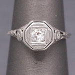 Classic Art Deco Diamond Solitaire Ring with Floral Engraving in 18k White Gold