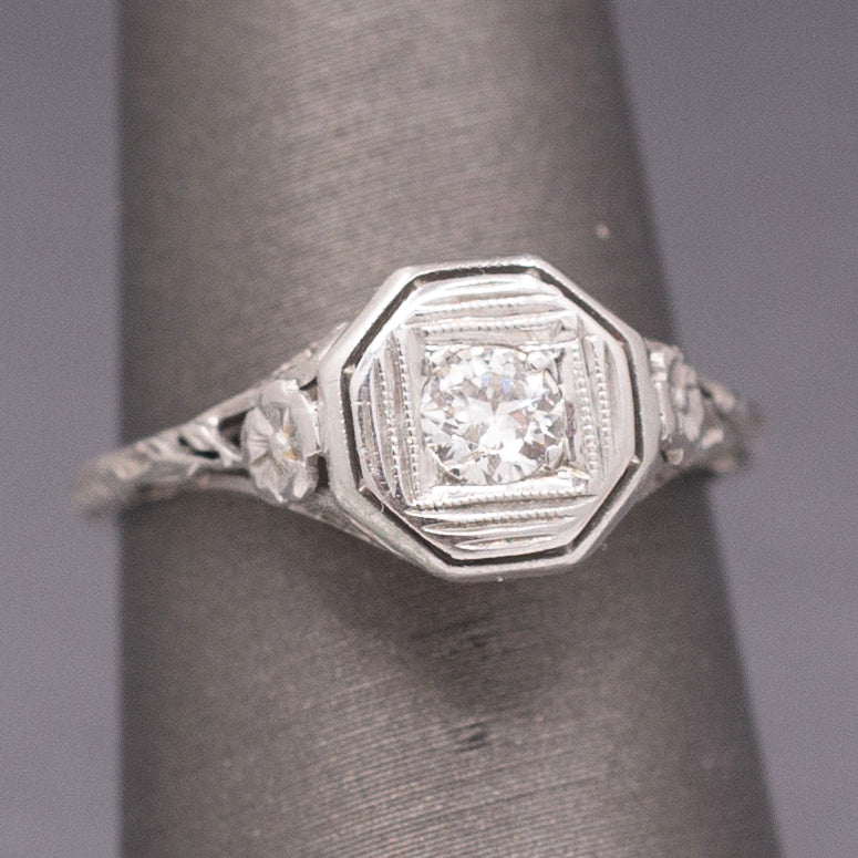 Classic Art Deco Diamond Solitaire Ring with Floral Engraving in 18k White Gold