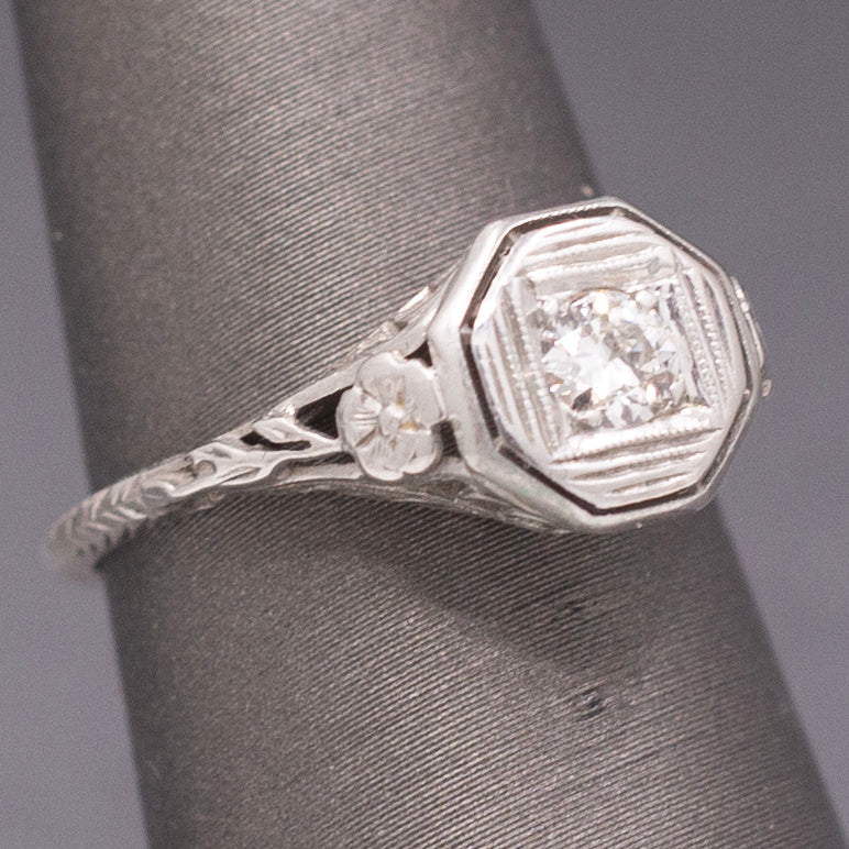 Classic Art Deco Diamond Solitaire Ring with Floral Engraving in 18k White Gold