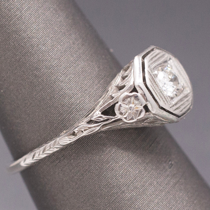 Classic Art Deco Diamond Solitaire Ring with Floral Engraving in 18k White Gold