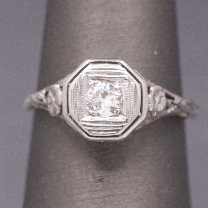 Classic Art Deco Diamond Solitaire Ring with Floral Engraving in 18k White Gold