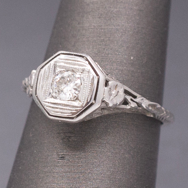 Classic Art Deco Diamond Solitaire Ring with Floral Engraving in 18k White Gold