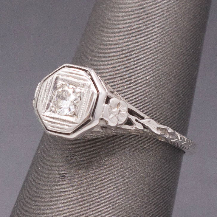 Classic Art Deco Diamond Solitaire Ring with Floral Engraving in 18k White Gold