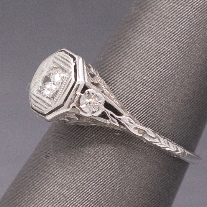 Classic Art Deco Diamond Solitaire Ring with Floral Engraving in 18k White Gold