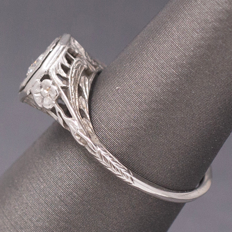 Classic Art Deco Diamond Solitaire Ring with Floral Engraving in 18k White Gold