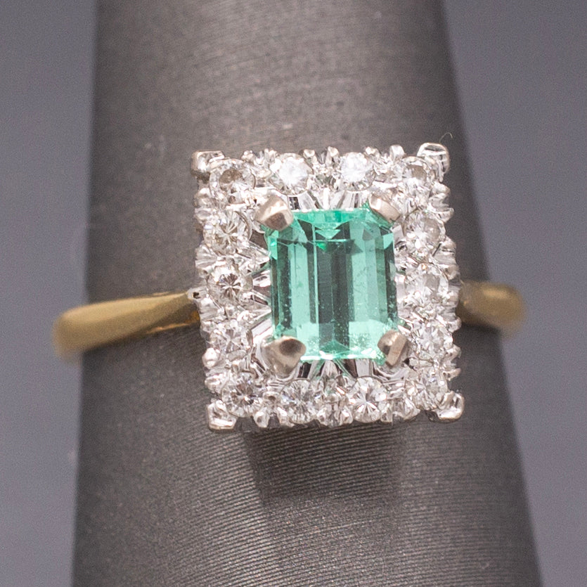 Vintage Emerald Cut Emerald and Diamond Halo Engagement Ring in 18k Yellow Gold