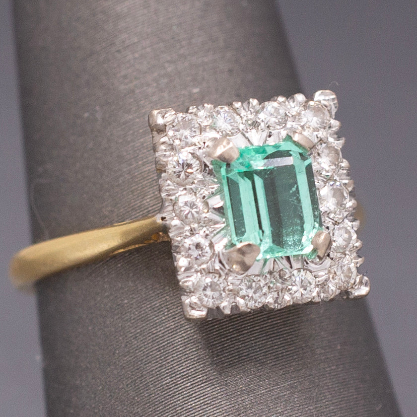Vintage Emerald Cut Emerald and Diamond Halo Engagement Ring in 18k Yellow Gold