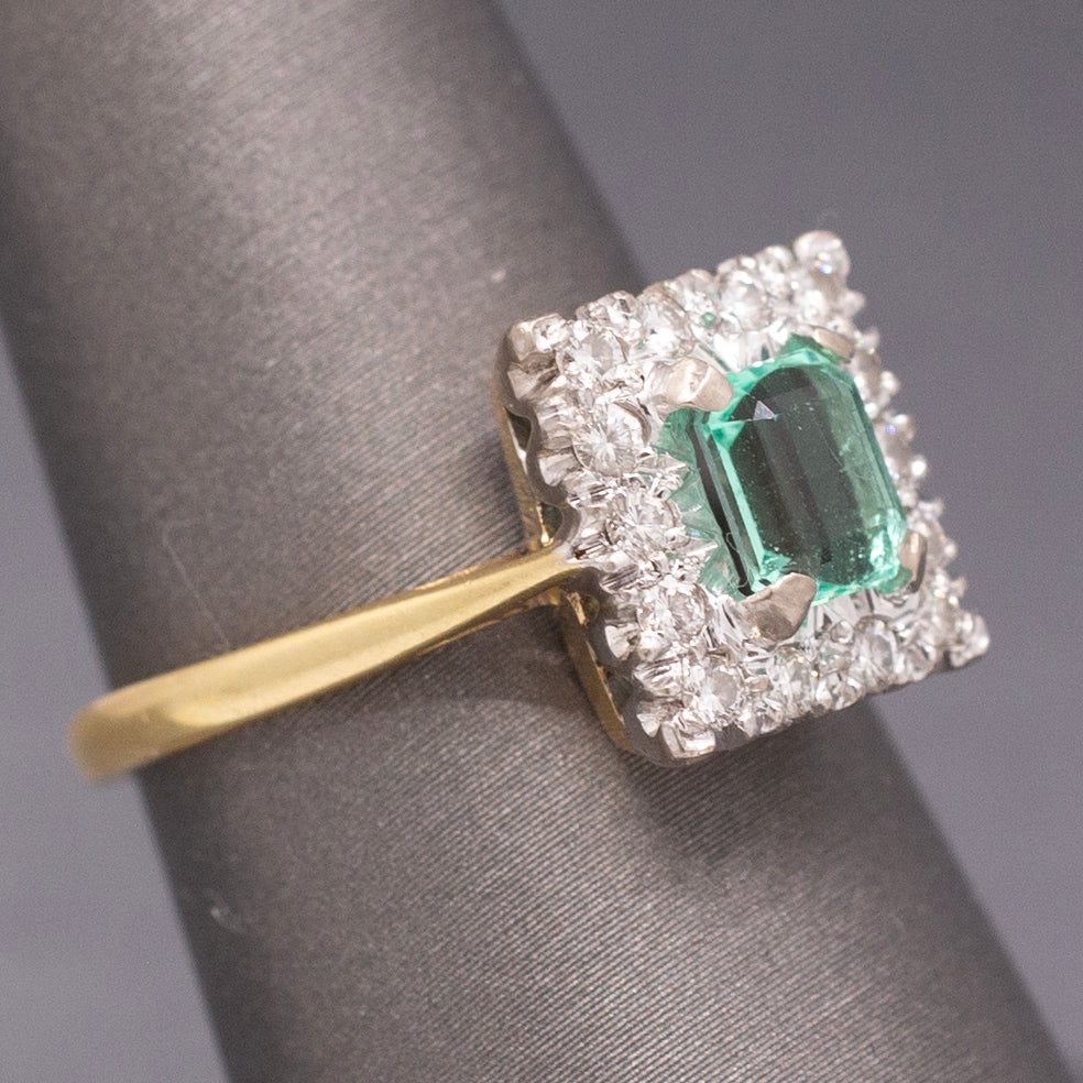 Vintage Emerald Cut Emerald and Diamond Halo Engagement Ring in 18k Yellow Gold
