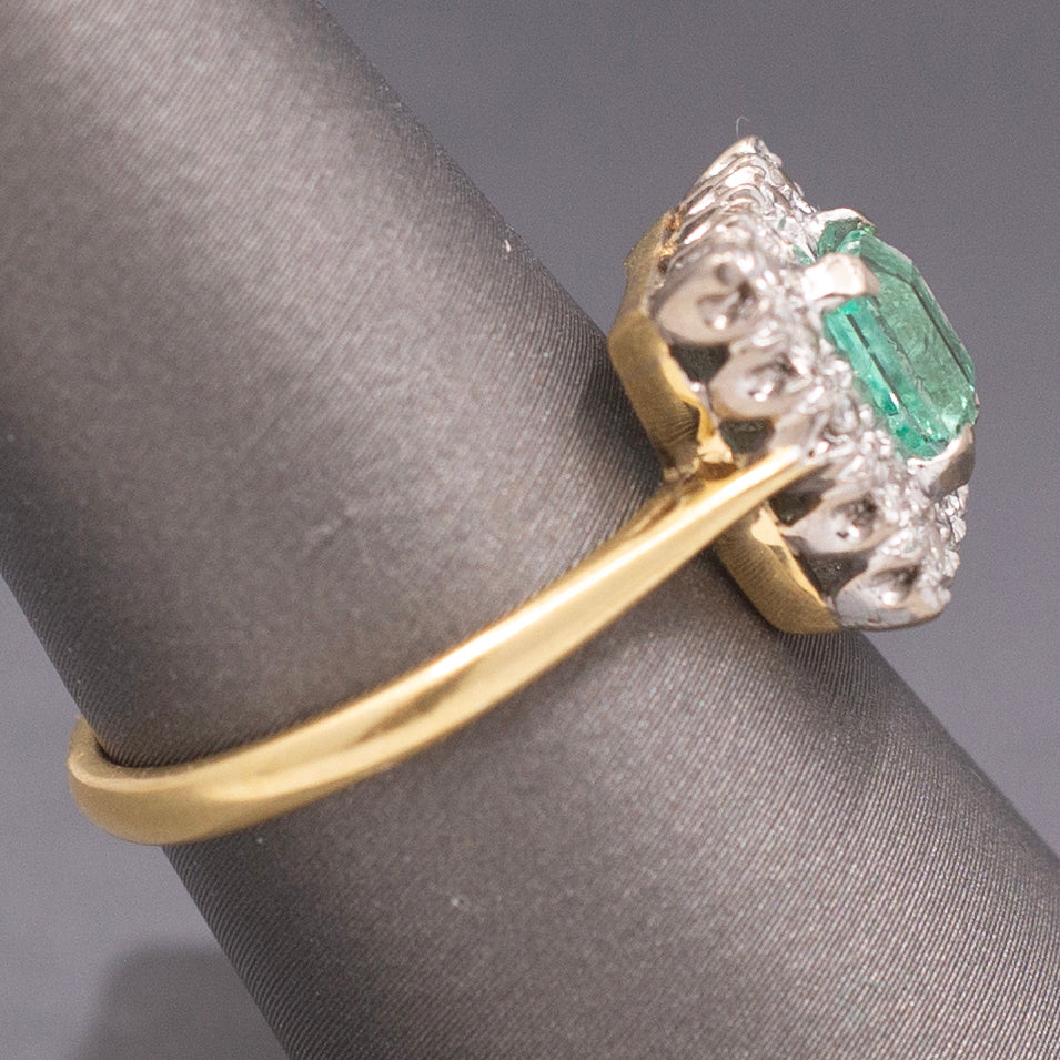 Vintage Emerald Cut Emerald and Diamond Halo Engagement Ring in 18k Yellow Gold