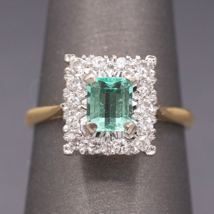 Vintage Emerald Cut Emerald and Diamond Halo Engagement Ring in 18k Yellow Gold