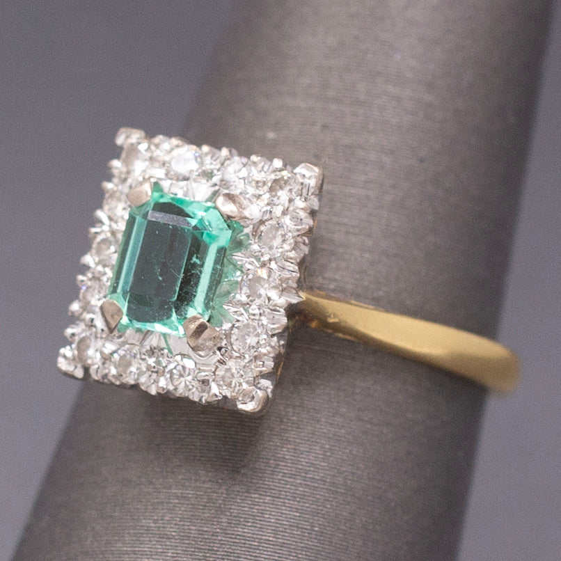 Vintage Emerald Cut Emerald and Diamond Halo Engagement Ring in 18k Yellow Gold