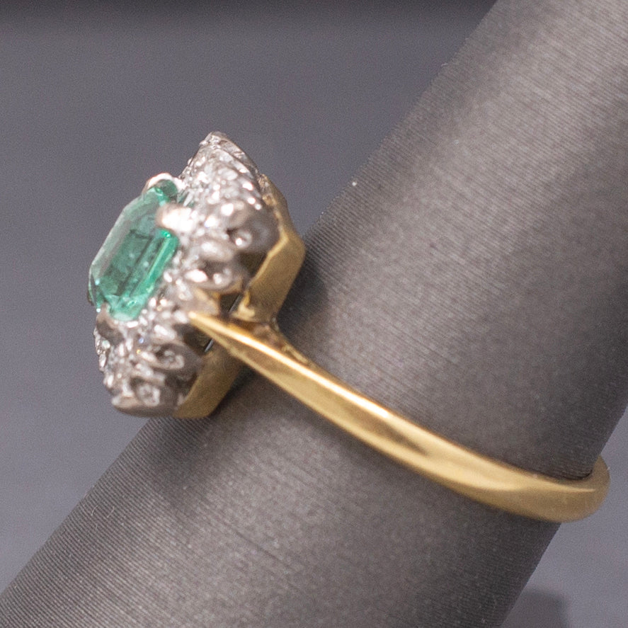 Vintage Emerald Cut Emerald and Diamond Halo Engagement Ring in 18k Yellow Gold