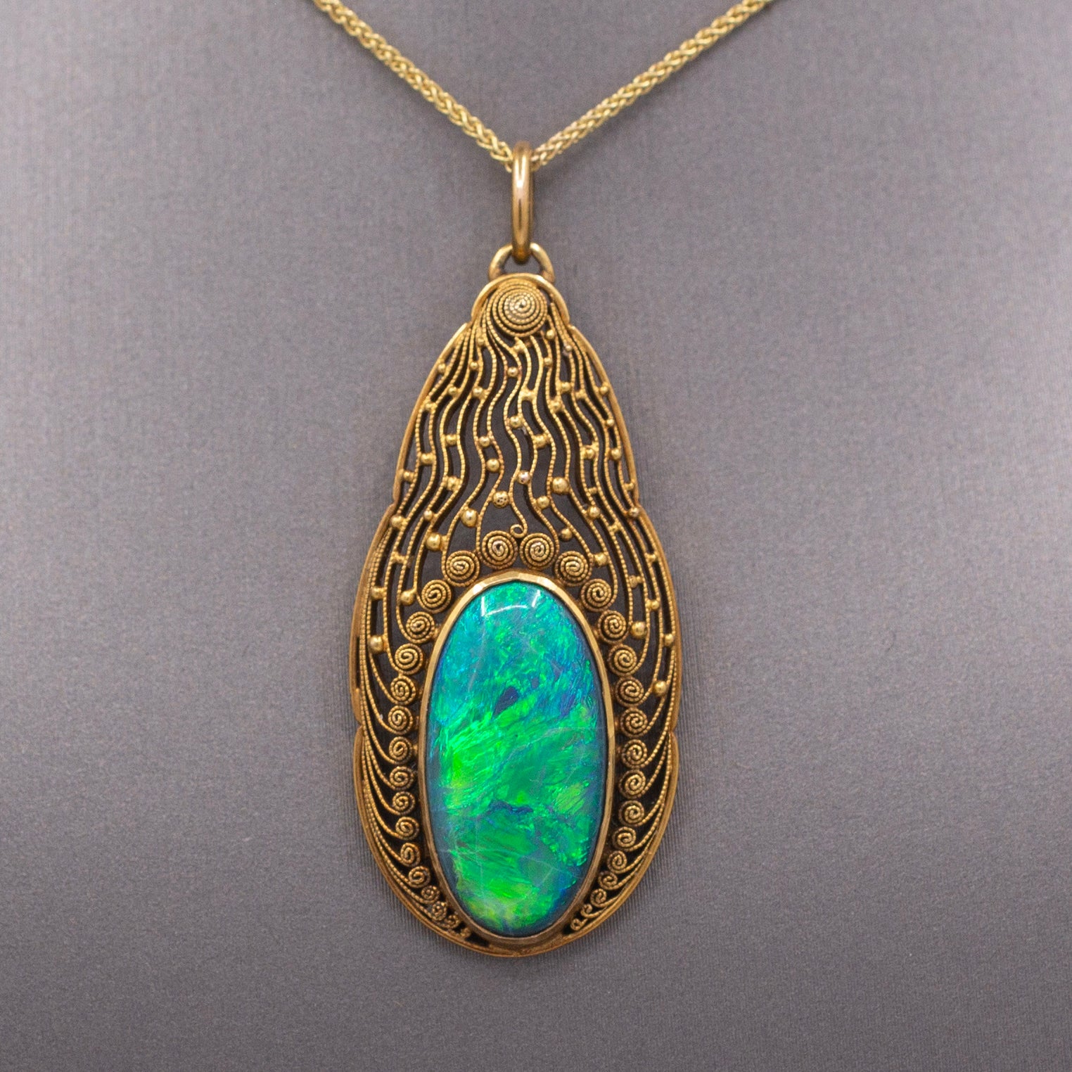 Antique Art Nouveau Lightning Ridge Black Opal Pendant Necklace in 14k Yellow Gold