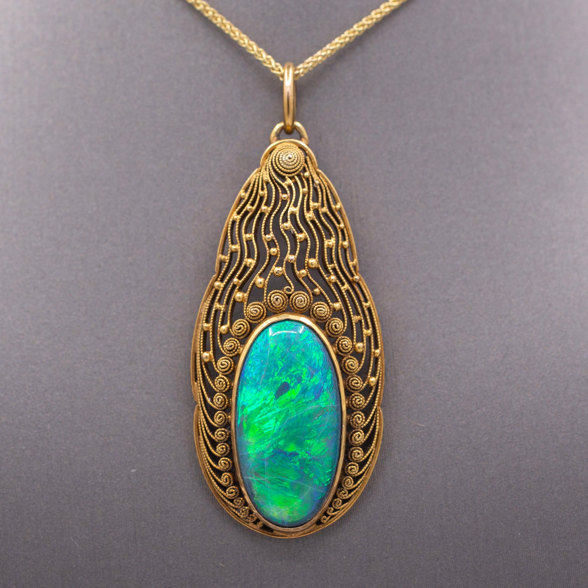 Antique Art Nouveau Lightning Ridge Black Opal Pendant Necklace in 14k Yellow Gold