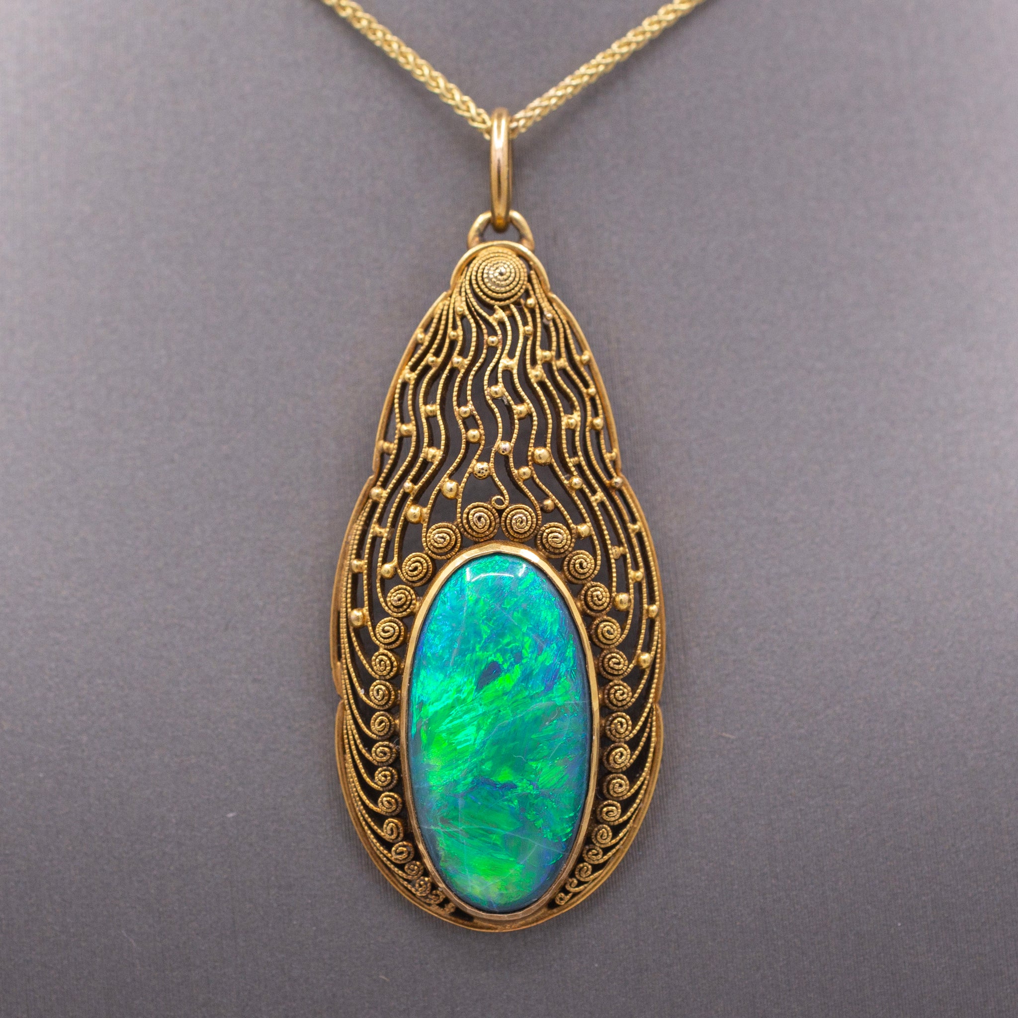 Antique Art Nouveau Lightning Ridge Black Opal Pendant Necklace in 14k Yellow Gold