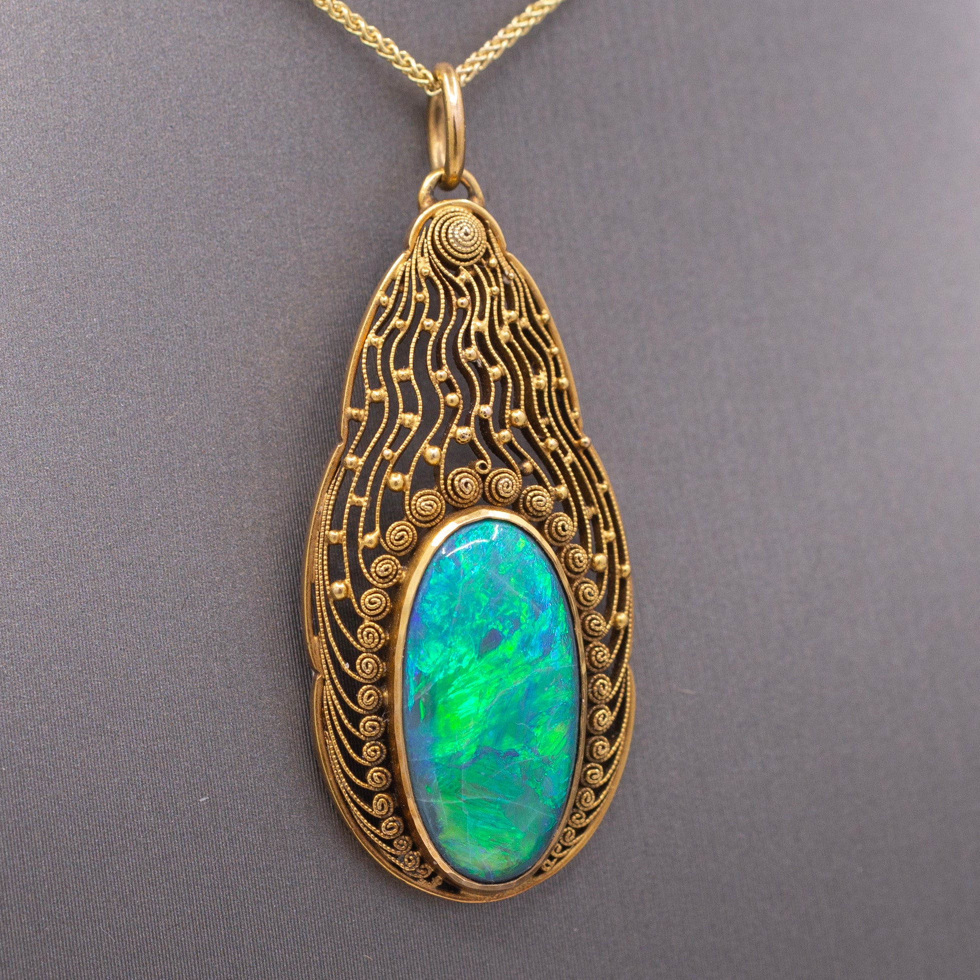 Antique Art Nouveau Lightning Ridge Black Opal Pendant Necklace in 14k Yellow Gold