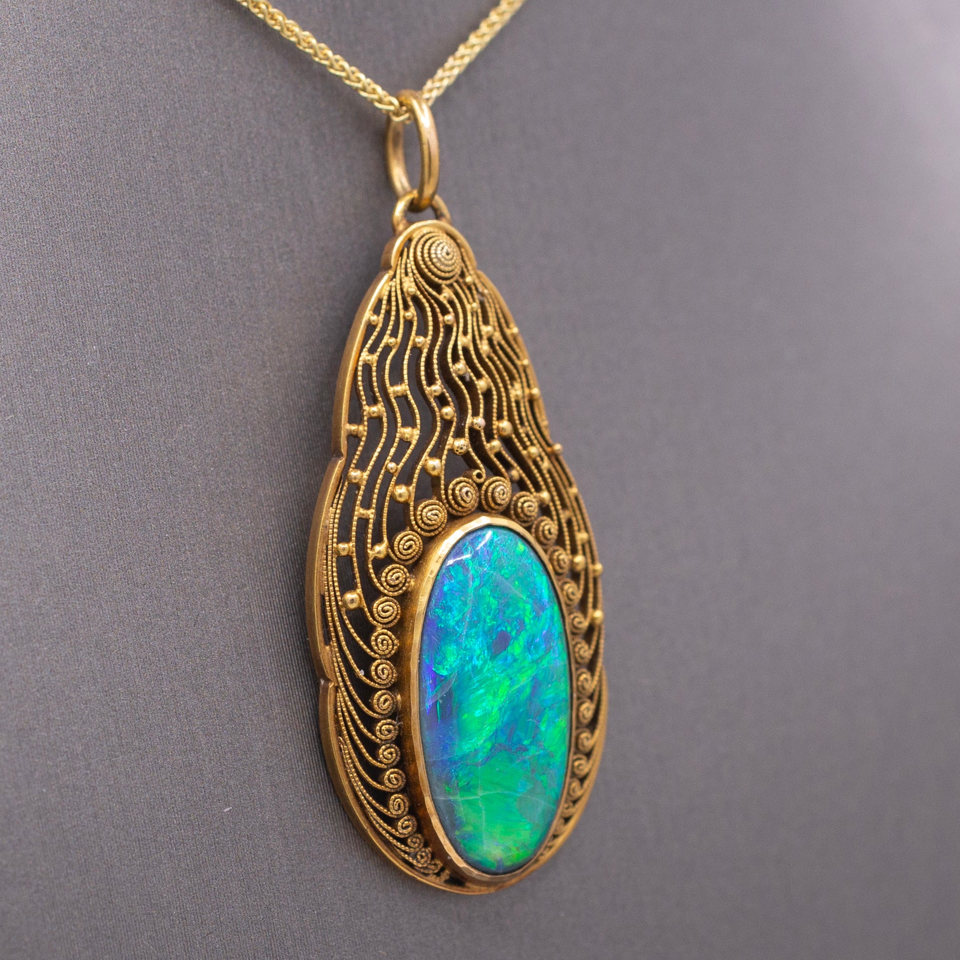 Antique Art Nouveau Lightning Ridge Black Opal Pendant Necklace in 14k Yellow Gold