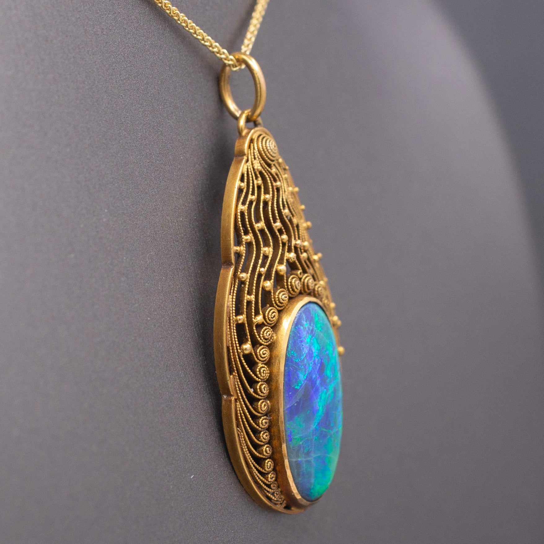 Antique Art Nouveau Lightning Ridge Black Opal Pendant Necklace in 14k Yellow Gold