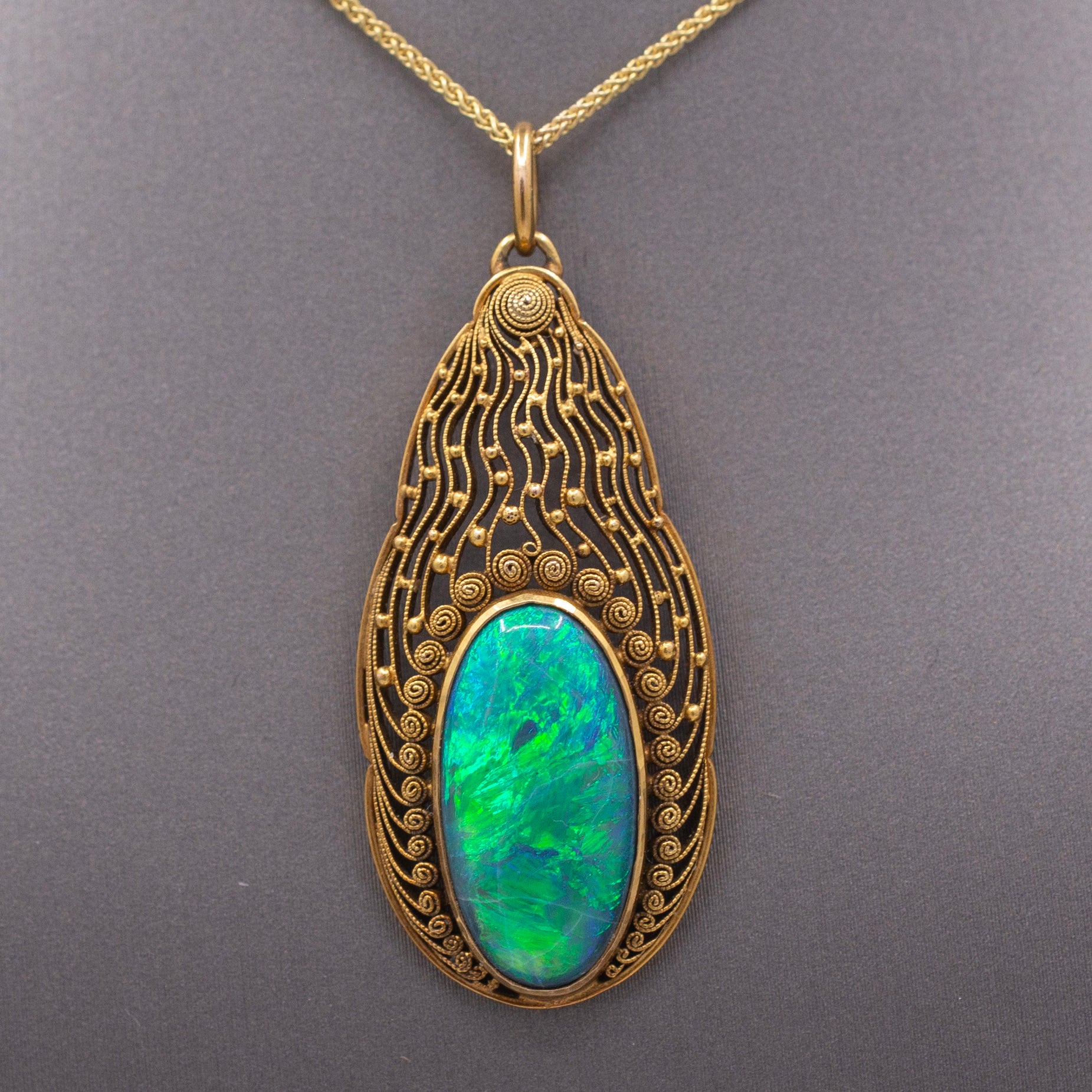 Antique Art Nouveau Lightning Ridge Black Opal Pendant Necklace in 14k Yellow Gold