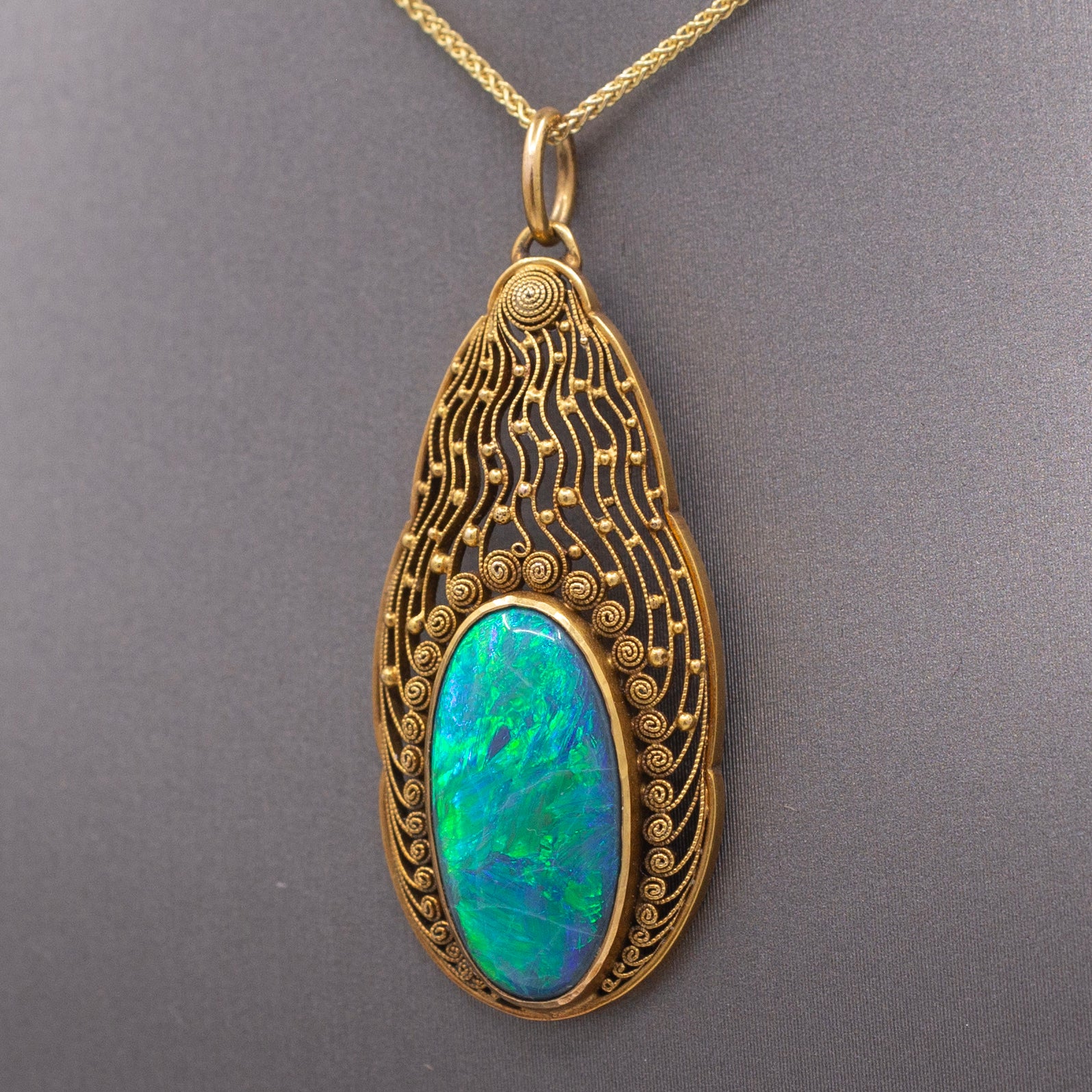 Antique Art Nouveau Lightning Ridge Black Opal Pendant Necklace in 14k Yellow Gold