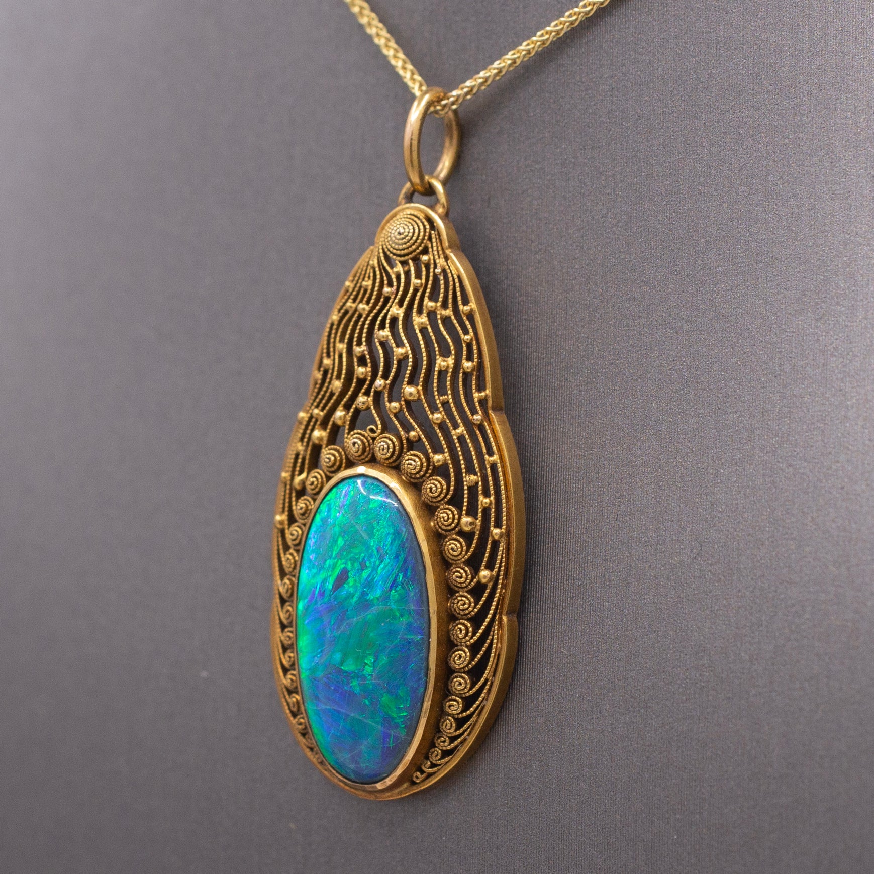 Antique Art Nouveau Lightning Ridge Black Opal Pendant Necklace in 14k Yellow Gold