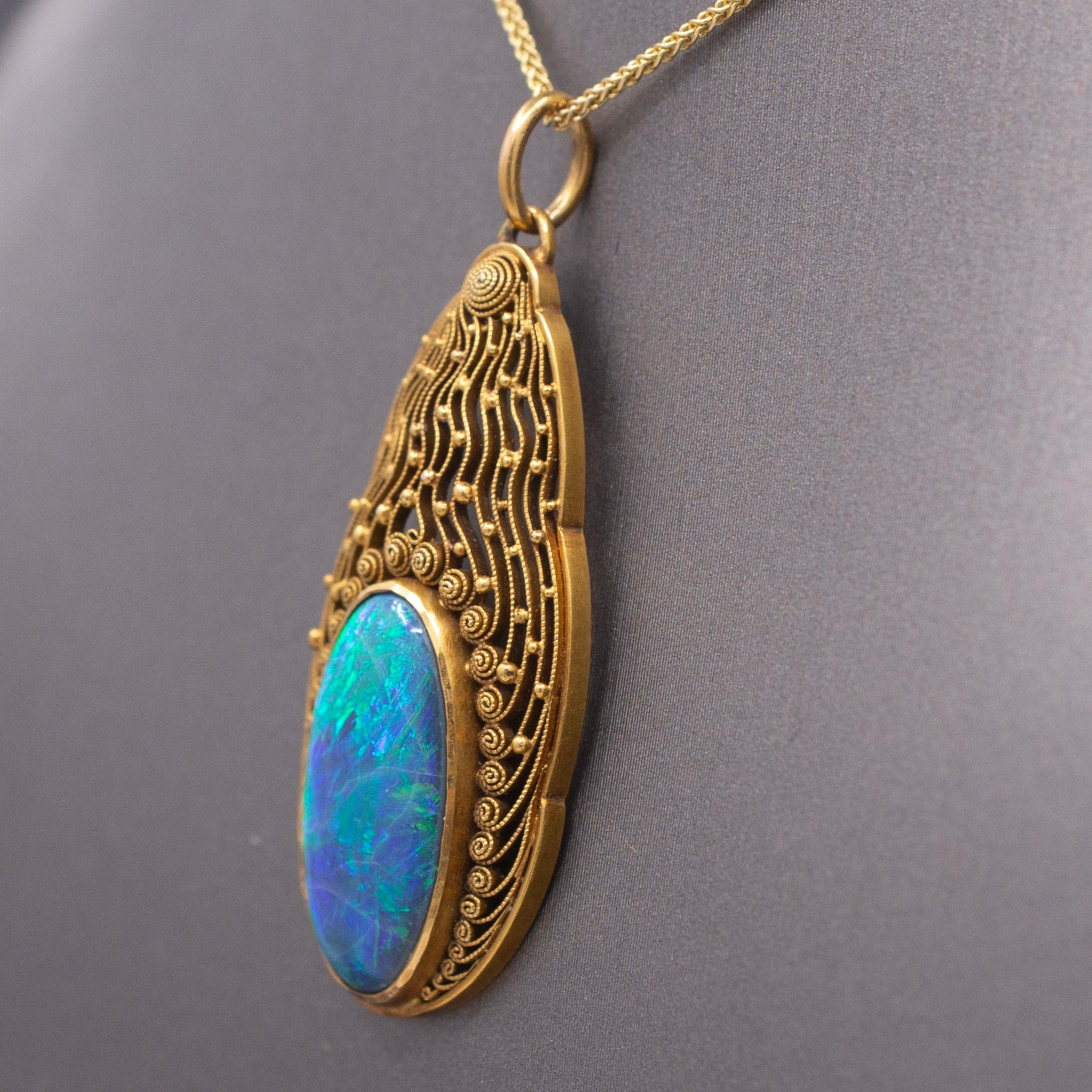 Antique Art Nouveau Lightning Ridge Black Opal Pendant Necklace in 14k Yellow Gold
